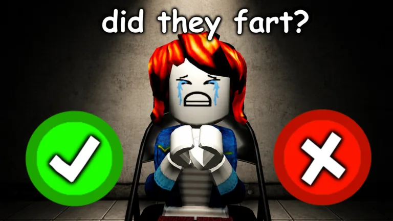 A nervous Roblox character sits on a chair between a green checkmark and a red X under the words 'did they fart?'.