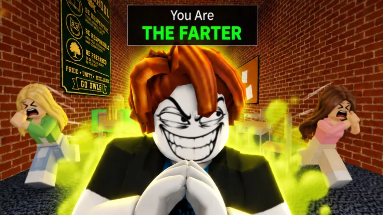 A grinning Roblox character revealed as the Farter, surrounded by green gas while two classmates recoil in a school hallway.
